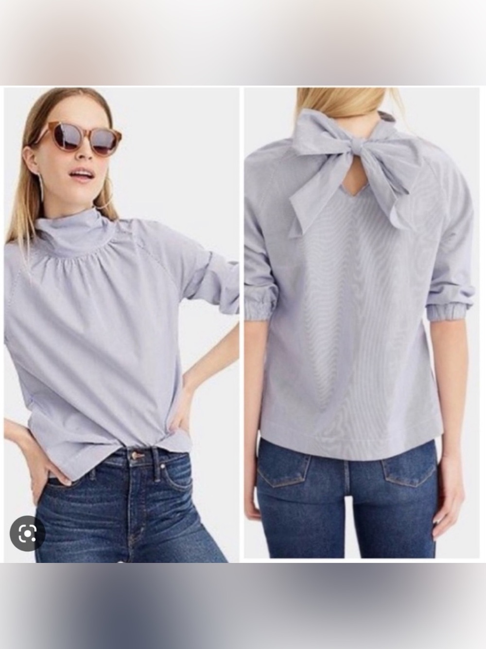 EUC J. Crew Thomas Mason blue and white striped tie neck 100% cotton blouse